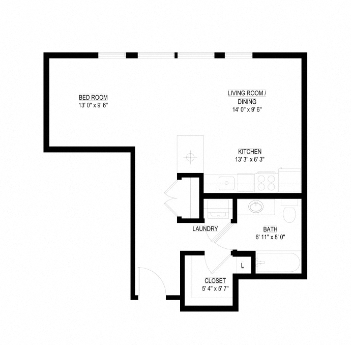 Floor plan for studio, 1 bath, 582 sqft